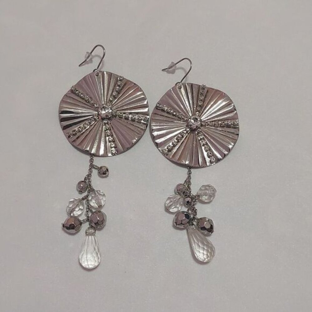 Rhinestone Embellished Textured Disc and Dangling Bead Clusters Drop Earrings